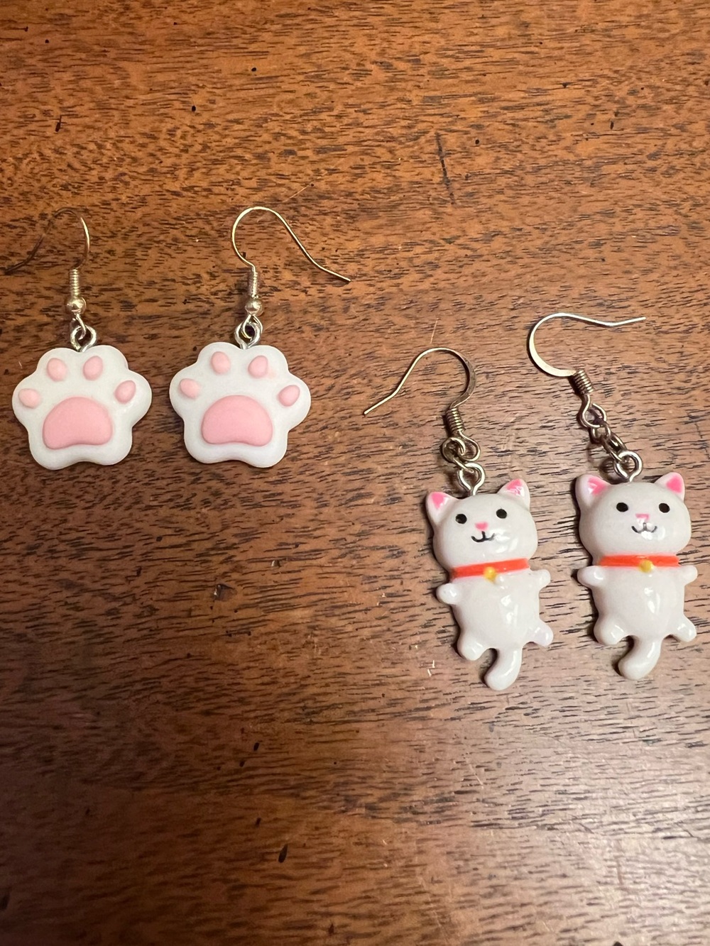 Adorable White Cat & Paw Dangle Earrings - Pink Accents Set of 2 Pairs!